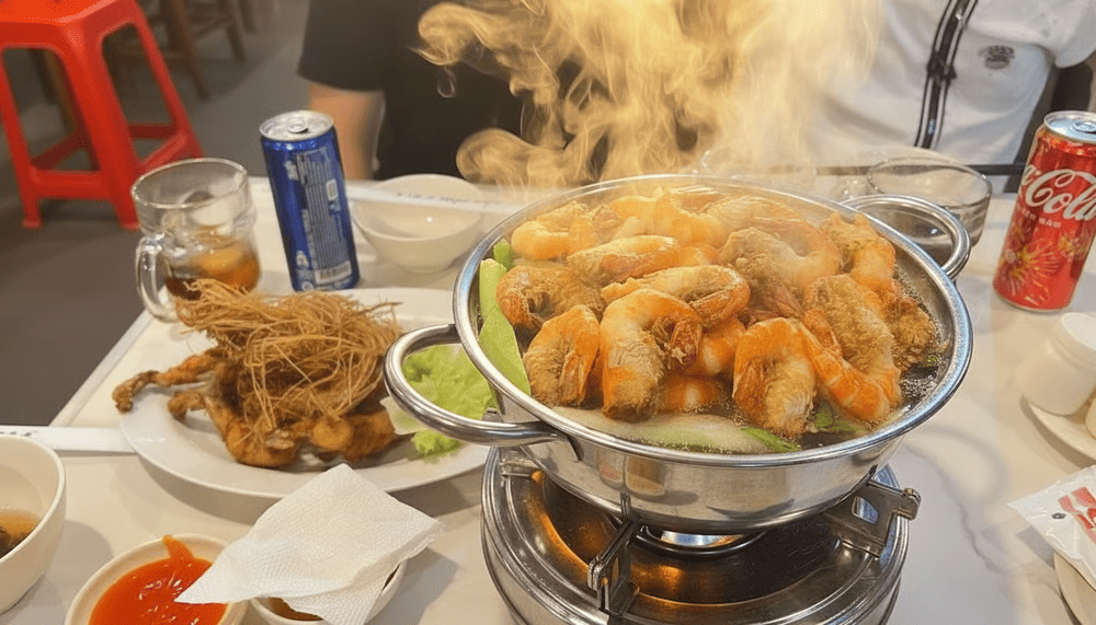 Lẩu tôm Biên Hòa hấp dẫn với nước lẩu đậm đà, tôm tươi ngọt và rau ăn kèm đa dạng theo mùa